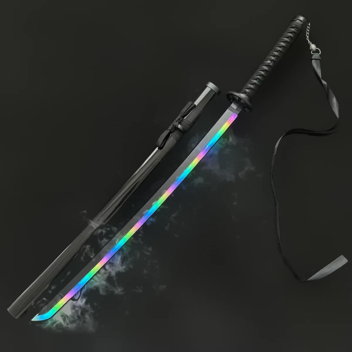Édition Shadow complète : sabre allumé en arc-en-ciel avec fumée, fourreau noir, chaînette et ruban