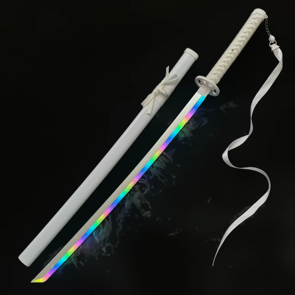 Édition Snow complète : sabre allumé en arc-en-ciel avec fumée, fourreau blanc, chaînette et ruban
